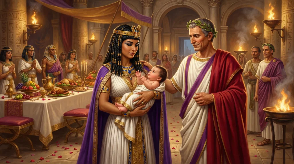 食卓外交の勝利。クレオパトラは豪華な宴会でカエサルをもてなし、彼の支持を得た。二人の間に生まれたカエサリオンは、エジプトとローマの同盟の象徴となった。